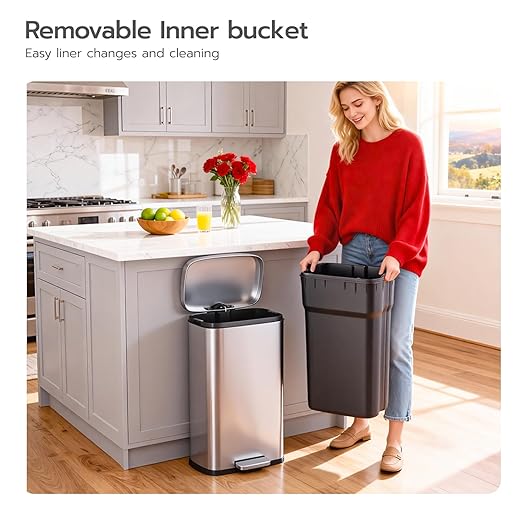 PayLessHere 8 Gallon (30L) Stainless Steel Trash Can with Lid - Removable Inner Bucket, Foot Pedal, Soft Close for Office, Home, Kitchen