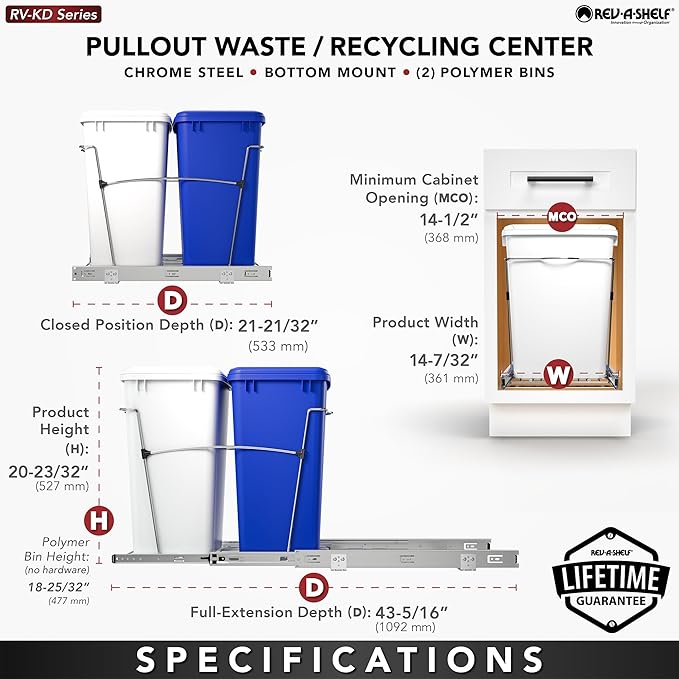 Rev-A-Shelf RV-18KD-11RC-S Double Pullout Trash Can for Kitchen Cabinets 35 Qt Garbage Recycling Bin on Full Extension Slide, Blue/White