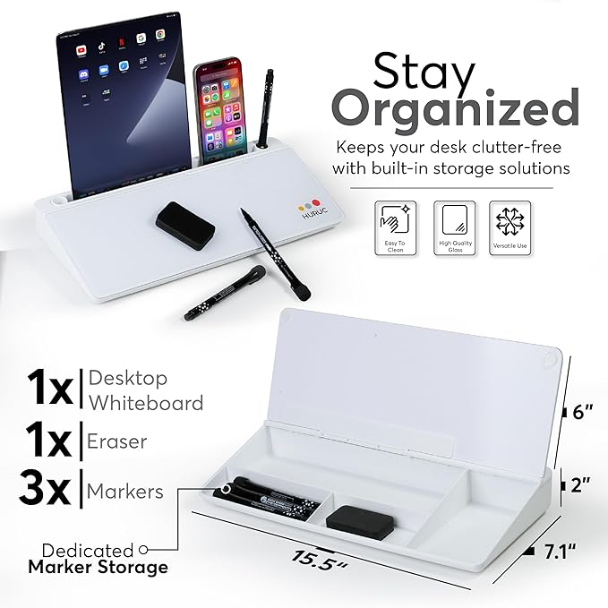 HURUC Small Glass Desktop Whiteboard with Storage,15.3"x7.08"x2.16" inch Desk White Board with Markers & Duster, Desktop Dry Erase Board, Desk Buddy Organizer for Home, Office, School (White)