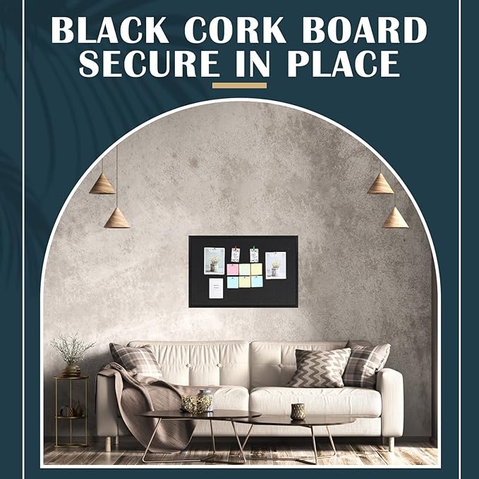 Teling 36" x 24" Cork Board Large Wood Framed Cork Bulletin Board with Pins Eye Bolts Screws Notice Pin Hook for Home School Office Walls(Black Frame)