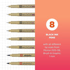 Sakura Pigma Micron, Graphic & Brush Fineline Pens, Archival Black Ink, 8 PK 30067