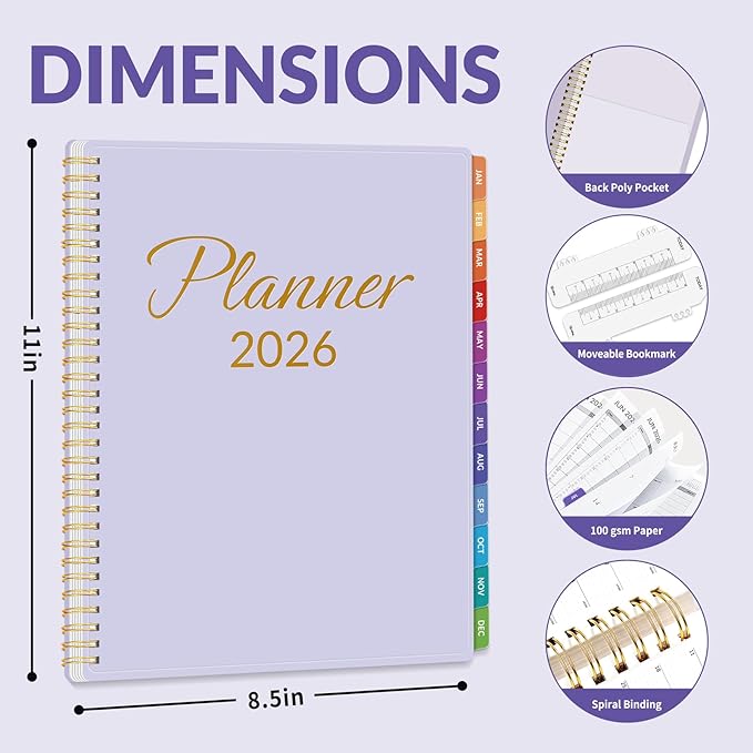 GNL 2026 Planner, Weekly and Monthly Planner January - December 2026, 8.5" x 11" Monthly Planner with Waterproof Flexible Cover, Spiral Binding Notebook with Colorful Tab, Pockets, Bookmark, Purple