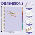 GNL 2026 Planner, Weekly and Monthly Planner January - December 2026, 8.5" x 11" Monthly Planner with Waterproof Flexible Cover, Spiral Binding Notebook with Colorful Tab, Pockets, Bookmark, Purple