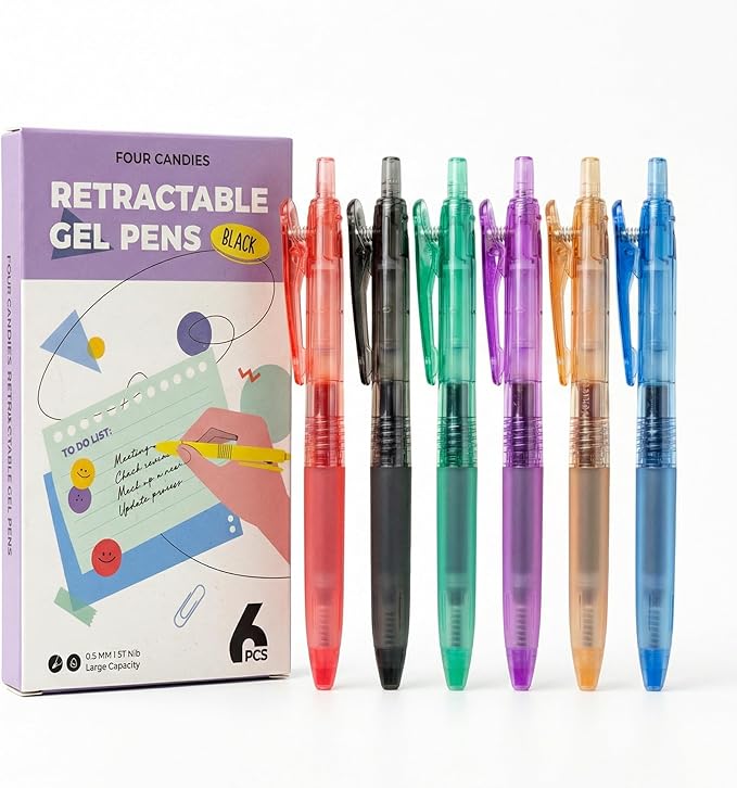 Four Candies 6Pack 0.5mm Black Ink Quick Dry Retractable Gel Pen Set, Cute Transparent Pastel Fine Point Note Taking Aesthetic lnk Pens, Comfort Grip Drawing Writing School Office Home