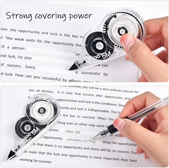 Unjoo White Correction Tape, Easy To Use Applicator for Instant Corrections Wrong Writing At Any Time, For school, Office (12pack, 5M/196" x 0.2", Black)