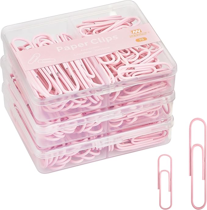 NEEWAY Colorful Paper Clips Assorted Sizes, Small and Large Paperclips, 210 Count, 3 Pack of 70 (Light Pink)