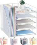 LEKETREE Desk Organizers and Accessories, 5-Tier Paper Letter Tray Organizer with File Holder, Desktop Organizer for Office Supplies (White)