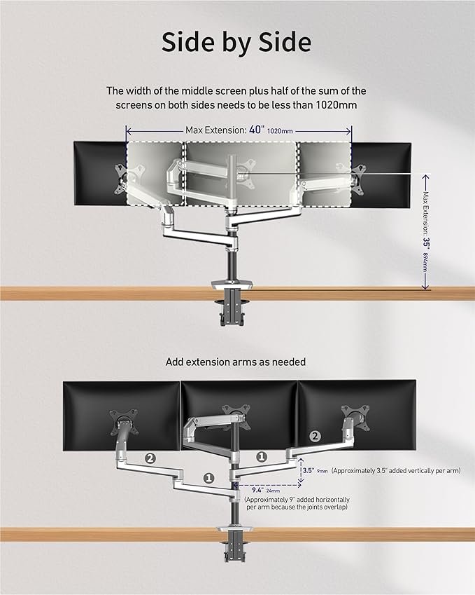 Ergounion Triple Monitor Mount, Holds Screens up to 40 Inches and 25 lbs, Fully Adjustable 3 Monitor Desk Mount with C-Clamp and Grommet Base, Aluminum, Silver