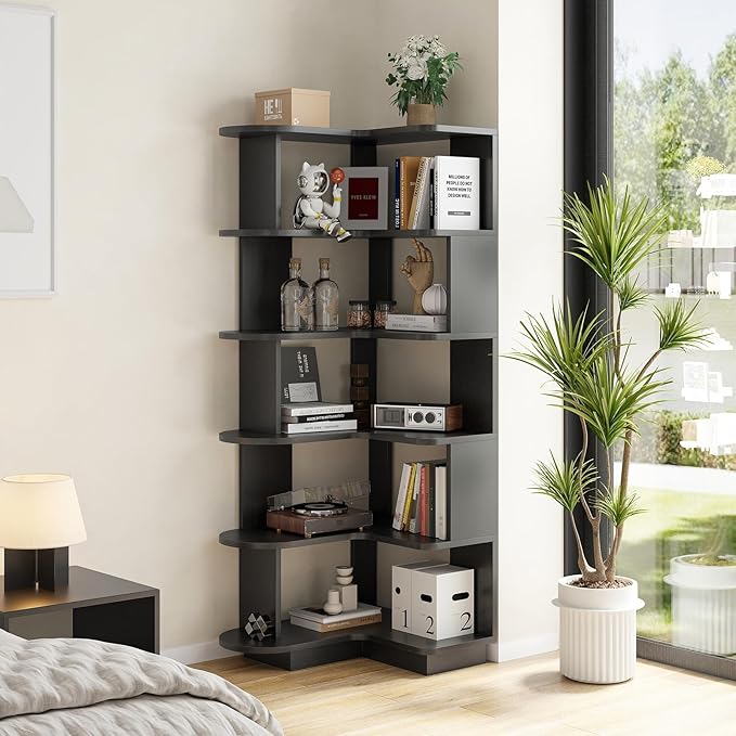 Farini 5-Tier Corner Bookshelf,L-Shaped Bookcase Freestanding Storage Shelf & Display Stand for Living Room, Office, Bedroom,Black