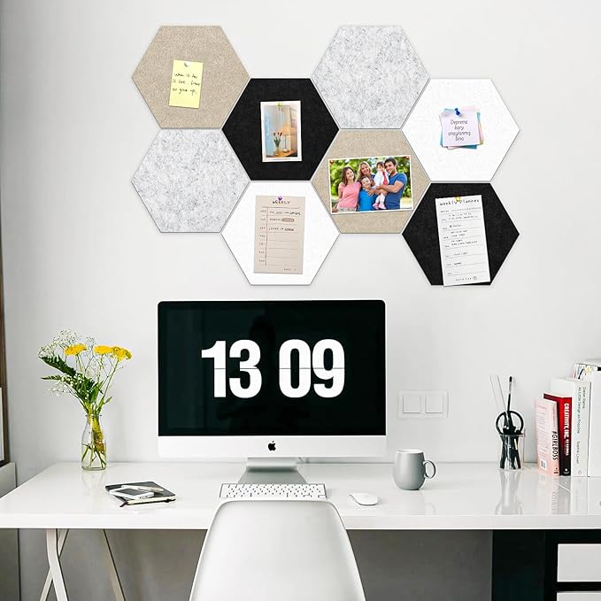 Uoisaiko 12" Large Bulletin Board with 30 Push Pins, Pack of 8 Hexagon Felt Pin Board Notice Boards for Home Office Kitchen, Felt Wall Tiles for Photos Memos