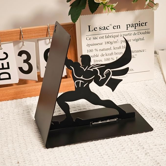 Superhero Metal Bookend – 6.5 Inch Heavy-Duty Book Holder with Anti-Slip Base, Unique Decorative Book Stand for Home or Office Shelf, Holds Large Books – Black