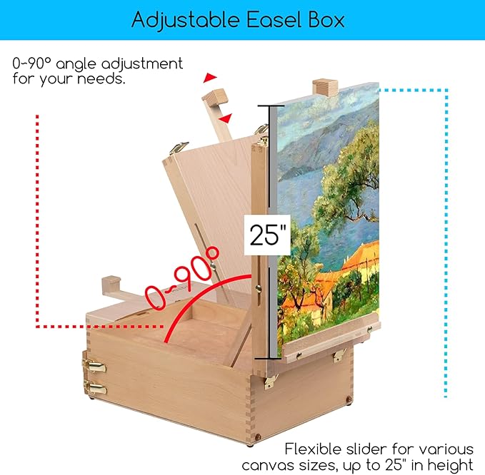 MEEDEN Large Tabletop Easel Sketchbox, Adjustable Solid Beech Wood Desktop Easel Box, Travel Easel for Artists, Table Top easels for Painting, Wooden Art Storage Box for Artist, Adults & Beginners