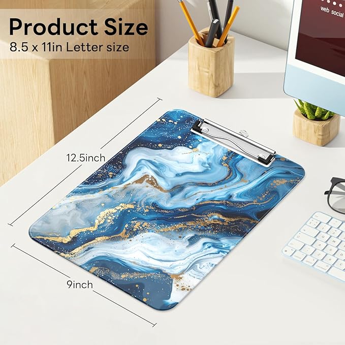 Luminzo Plastic Cute Clipboard Low-Profile Metal Clip, A4 Letter Size 9 x 12.5 in, 8.5 x 11 Paper Clip Board for Teachers, Nurses, Classroom,Morandi Marble