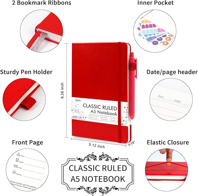 5 Pack Journal Notebook Bulk for School, Feela Hardcover Business Notebooks Classic Ruled Lined Journals with Pen Holder for Work Note Taking, with 5 Black Pens, 120 GSM, 5.1”x8.3”, A5, Red