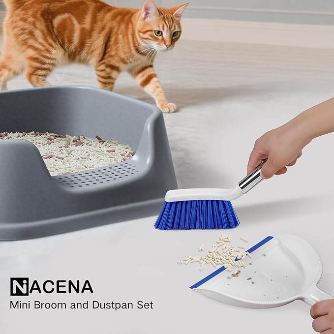 NACENA Mini Broom and Dustpan Set, Small Dust Pan and Brush Set with Handle Dustpan Teeth for Cleaning Hair Suitable for Office Desks Drawers Sofas Outdoor Camping, Blue