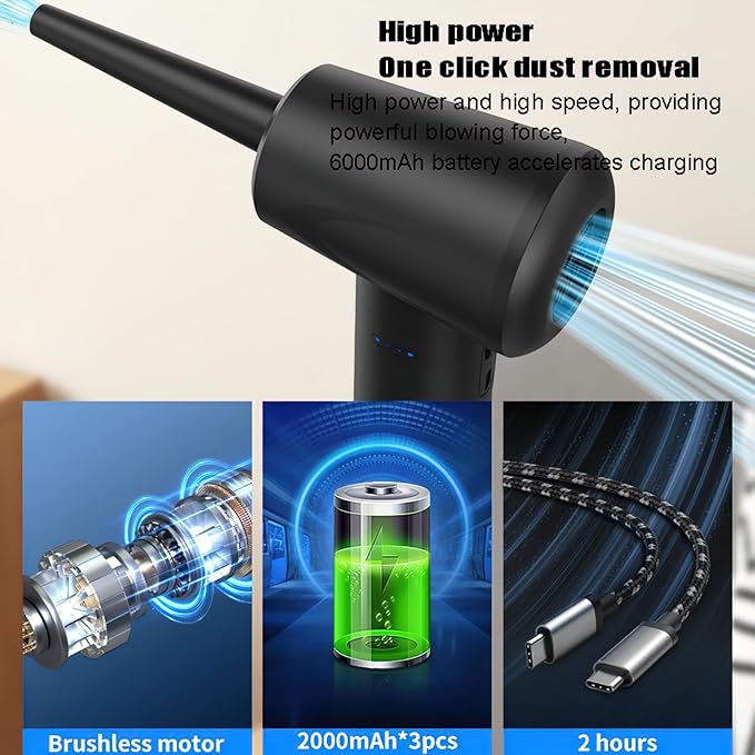 Cordless Air Duster, Rechargeable Electric Compressed Air Blower with 6000mAh Battery, Brushless Motor, Portable Dust Blower with Multiple Nozzles for Electronics, Keyboard, Computer, Outdoor Use