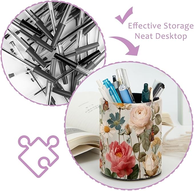 Leather Pen Holder for Desk Floral Butterflies Pretty Pencil Cup Desktop Organizer Makeup Brush Holders Office Supplies for Home, Kids & School