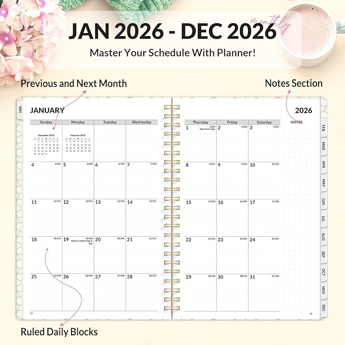 SUNEE 2026 Planner, Weekly and Monthly Calendar Planner, January 2026-December 2026, Daily Agenda with Tabs, Note Pages, Spiral Binding, 6.4"x8.3", Watercolor Flowers