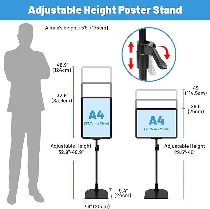 VAIIGO Sign Holder Stand A4, Adjustable Poster Stand for Table Top & Floor, Signage Display Stands, Floor Standing Sign Holder for Advertisement, Tradeshow, Store, Business, 2 Pack