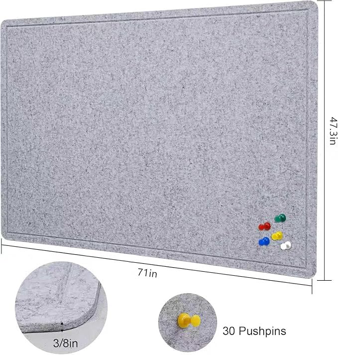 Large Bulletin Board, 72 X 48 inches Cork Board with 30 Pushpin, 6' x 4' Felt Cork Board Notice Pin Board, Self-Adhesive Vision Board Mood Board Foldable Photo Board for Wall - Silver Gray