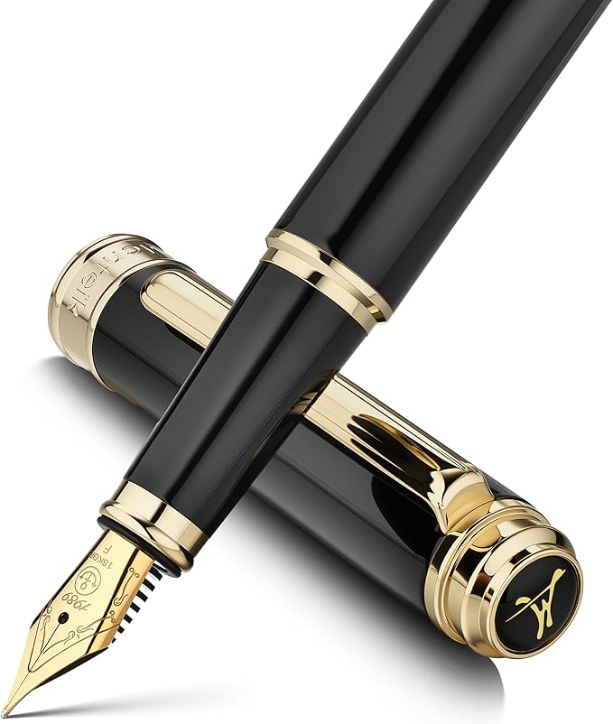 MCNTEIK 317 Fountain Pen,Stunning Luxury Black Piano Lacquer,18K Gilded Nib(Fine),Gorgeous 24K Gold Finish, Ink Converter,Fancy Gift for Men&Women-Elegant,Executive,Office,Nice Pens for Writing