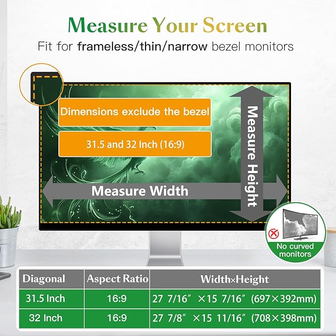JEEETINTX Magnetic 32 inch Computer Privacy Screen Filter for 16:9 Widescreen Monitor Desktop PC, 32in Hanging Removable Anti Glare Blue Light Eye Protection Shield, Anti Spy Screen Protector Panel