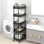 Sywhitta 5-Tier Plastic Rolling Utility Cart with Handle, Multi-Functional Storage Trolley for Office, Living Room, Kitchen, Movable Storage Organizer with Wheels, Black