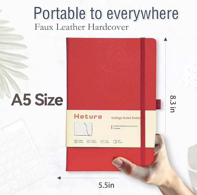Heture Hardcover Notebooks, A5 Lined Journals Notebook for Writing 160 Pages, 8.2 x 5.5 inch, Classic Ruled Notebooks for College/Work/Travel (Red, 1 Pack)