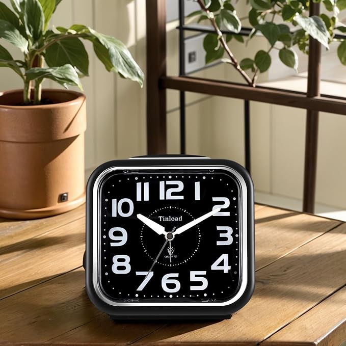Tinload 5.5" Large Analog Alarm Clock Silent Non Ticking, Gentle Wake, Beep Sounds, Increasing Volume, Battery Operated Snooze and Manual Light, Easy Set, Black (Best for Elder)