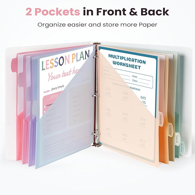 Sooez 16 Count Dividers with 2 Pockets, 8 Tabs Binder Dividers for 3 Ring Binders, Binder Dividers with tabs, Binder Divider with Pockets for US Letter Size, Insertable Big Tabs, Pastels, Set of 2