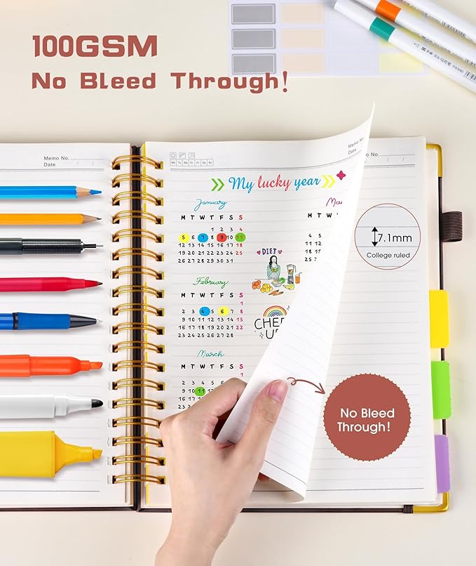 Hardcover Spiral Notebook 8.5"x11" Journal with Removable Dividers Tabs, 300 Pages Leather 5 Subject Notebook College Ruled, Large A4 Notebooks for Work School, Lined Journal for Women, A4 Brown
