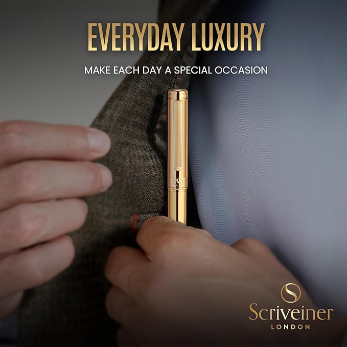 Scriveiner Luxury Fountain Pen - Stunning Gold Luxury Pen, Real Gold Finsih, Schmidt Gilded Nib (Medium), Converter, Best Pen Gift Set for Men & Women, Professional, Executive, Office, Nice Pens
