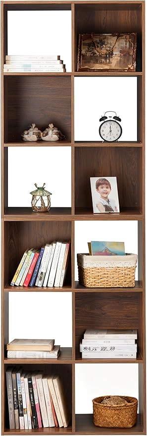 Whitmor 6 Cube Bookcase Storage Organizer, 3 Tier Stackable MDF Bookshelf, Open Storage Display Shelf, Storage Cabinet for Living Room, Bedroom, Home, Office, 23.9" L x 11.7" W x 35.5" H, Walnut