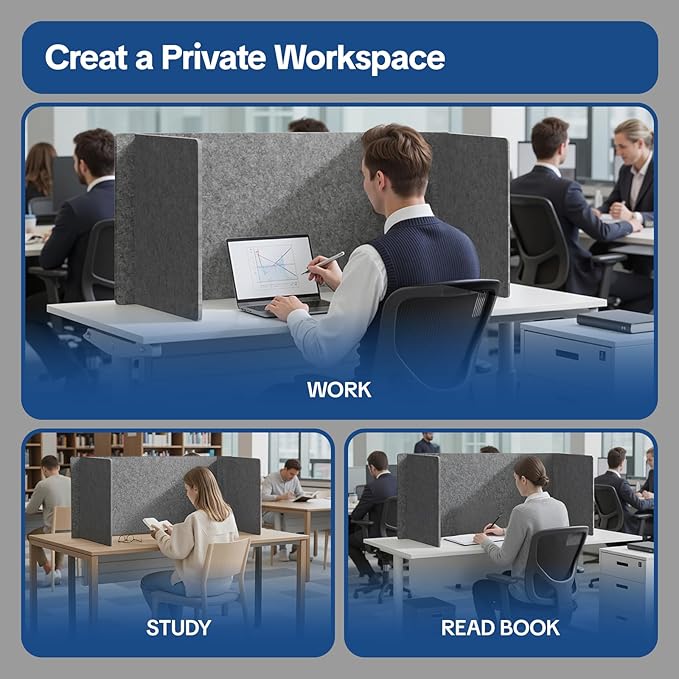Keemute Desk Divider Privacy Screen 3 Panel Sound Absorbing - 47.2”x 23.6”x 19.7” Freestanding Acoustic Partitions for Office, Noise Reducing Panels for School, Home, Library,Dark Grey