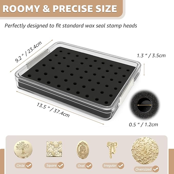 Nuvretk 54 Slot Wax Seal Stamp Head Storage Box - Clear Organizer with Double-Latch Lid, Stackable Design, EVA Foam Pad for Various Stamp Sizes