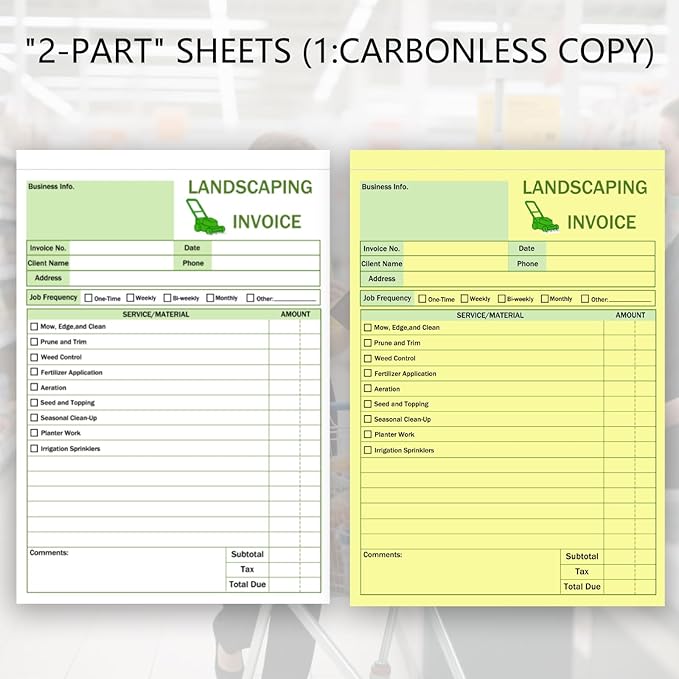 Garden Service Invoice Receipt Book, 2-Part Carbonless Landscaping Invoice Book for Small Business, 5.7 x 8.3 in, 50 Sets (White & Yellow), Lawn Care & Gardening Work Order Forms