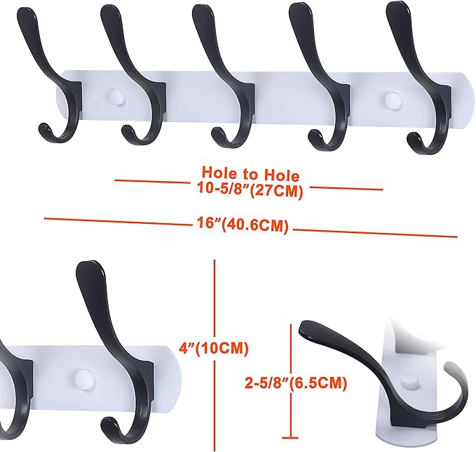 SKOLOO Modern Metal Wall Coat Rack with 5 Hooks, Pack of 2, Sturdy Wall Hook Rack Rail for Hanging Coat, Jacket, Clothes, Hat, Black on White