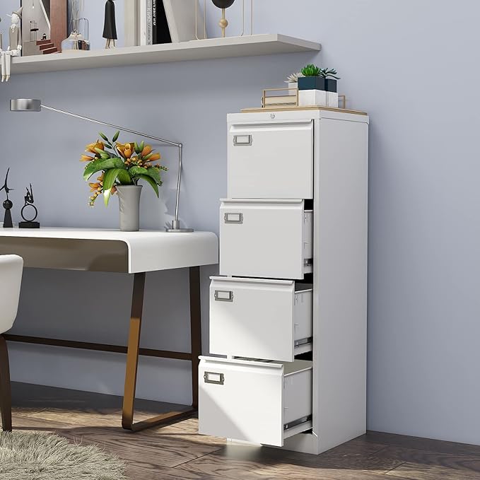 PEUKC 4-Drawer File Cabinet, 16.3" Deep Vertical Filing Cabinet with Lock, Metal File Cabinet for Home Office, Anti-Tip 4 Storage Drawers for Letter/Legal/A4/F4 Size (Assemble Required, White)