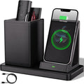 Multi-Functional Pen Holder for Desk,Black Vegan Leather Desk Organizers with Remote Control Holder,Pencil Holder for Desk,Desk Organizer with Phone Wireless Charger for Office/Nightstand/Endtable