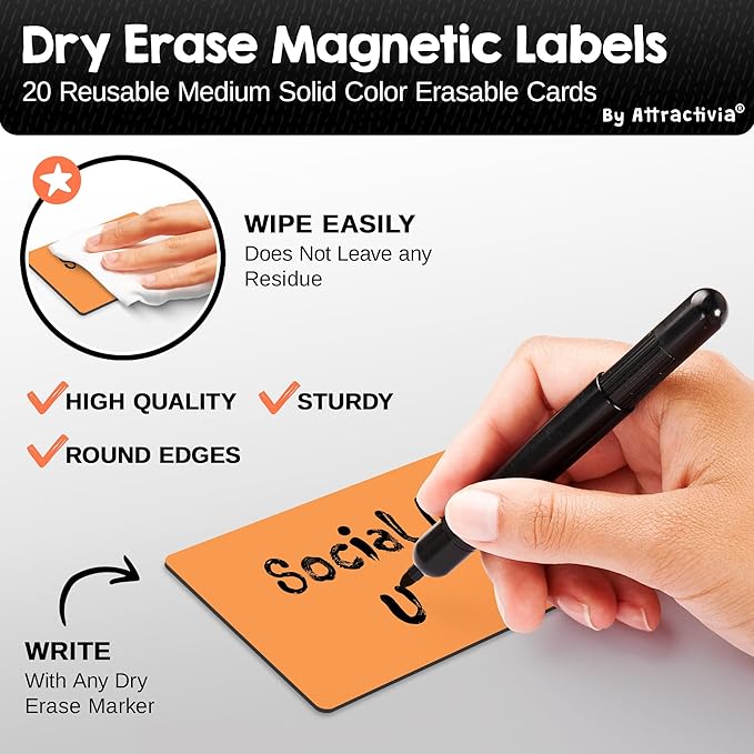 Attractivia Dry Erase Magnetic Labels 3.7 x 2.8 in, Solid Colors, Medium Dry Erase Magnets, 20-Pack, Colored Erasable Write-On All-Purpose Labels, for Office, Education, Home, Whiteboard