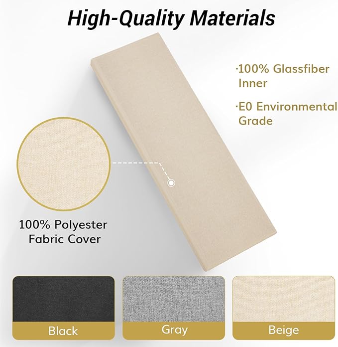 TONOR 4 PCS Large Acoustic Panel, 35.4″ * 11.8″ * 2.36″ 3D Fiberglass Sound Proof Panel with Full Self-adhesive, Decorative Echo Absorbing Wall Panel, for Studio, Living Room, Home, Office,Beige