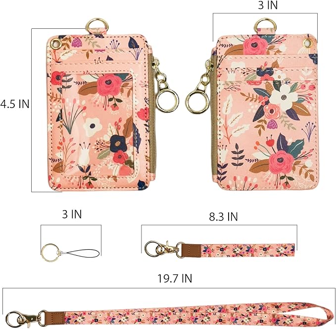 Blooming Flower Badge Holder with Lanyard, Women's Lanyard Wallet, Id Badges Holder for Nurse, Teacher, Student, Office (Pink Floral)