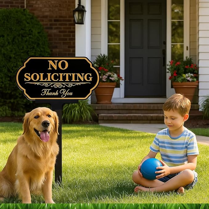 No Soliciting Sign for House with Stake - 50-mil Thick Aluminum - 5x10 Inch/37 Inch High - Adjustable Height - Outdoor Yard Sign for Home and Front Door (A1512)