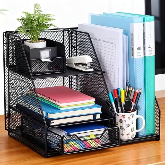 Black Mesh Desk Organizer Set, 3-in-1 Office Organizer with File Holder, Drawer & Accessories Tray, Multi-functional Desktop Storage for Stationery, Documents, Home & Office