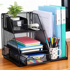 Black Mesh Desk Organizer Set, 3-in-1 Office Organizer with File Holder, Drawer & Accessories Tray, Multi-functional Desktop Storage for Stationery, Documents, Home & Office
