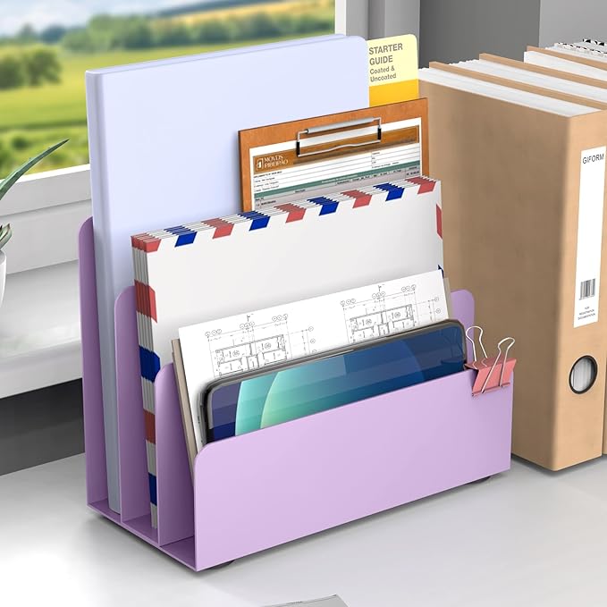 OUTIOE Mail Organizer Countertop, Small Desk File Organizer, Metal File Holder - Essential Workspace Organizers for Office Desk, Home Office (Purple)