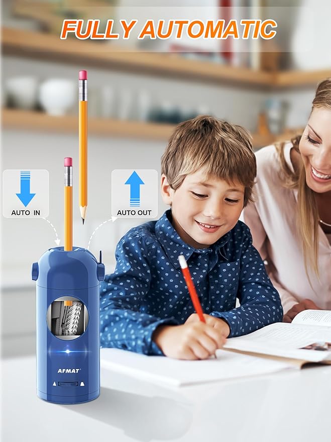 AFMAT Electric Pencil Sharpener, Fully Automatic Pencil Sharpener for 7-11.5mm Colored/Jumbo Pencils, Auto in & Out, Rechargeable Hands-Free Pencil Sharpeners for Classroom Home Office PSX5, Blue