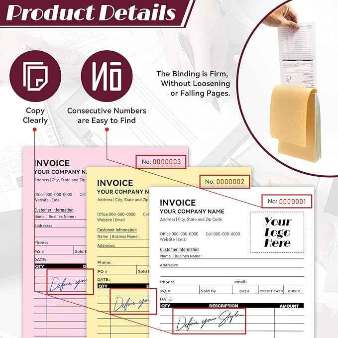 100 Sets Custom 5.7" X 8.5" Invoice Receipt Book, Personalized Duplicate Carbonless Form with Logo/Text, Paper 2-Part/3-Part in Bulk Purchase Orders, Sales Orders, Price Forms (2-Part)