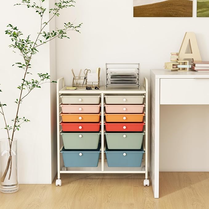 LDAILY 12 Drawer Rolling Storage Cart, Craft Cart Organizer on Wheels w/Metal Frame, Large Capacity & Smooth Drawer, Rolling Cart w/Drawers for Classroom, Office