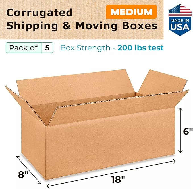 Medium Shipping & Moving Boxes 18 x 8 x 6 inches (5-Pack) - Extra Strength 200 lb vs Regular - Corrugated Packing Boxes for USPS/UPS/FEDEX - Moving Cardboard Box - Corrugated Box by IDL Packaging
